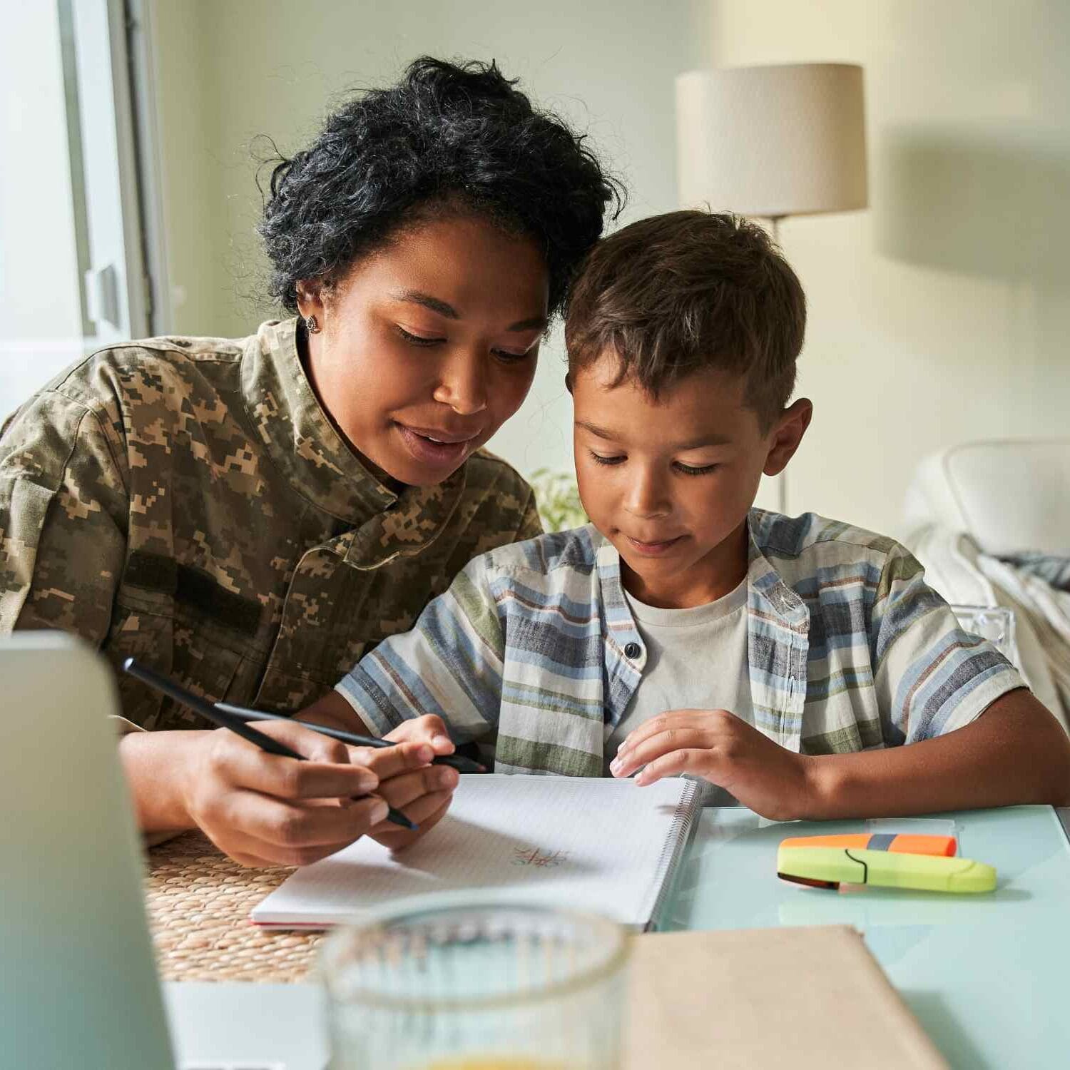 Mãe veterana fazendo lição de casa com o filho